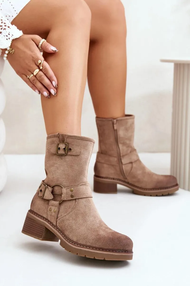 Brązowe I Beżowe Botki|Botki Na Obcasie>Boto Botki Damskie Na Niskim Obcasie Z Klamrami Ciemnobeżowe Zudra Beżowy