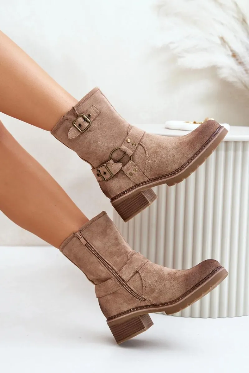 Brązowe I Beżowe Botki|Botki Na Obcasie>Boto Botki Damskie Na Niskim Obcasie Z Klamrami Ciemnobeżowe Zudra Beżowy