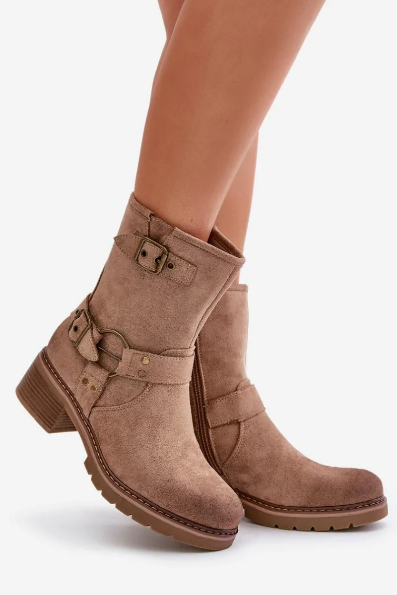 Brązowe I Beżowe Botki|Botki Na Obcasie>Boto Botki Damskie Na Niskim Obcasie Z Klamrami Ciemnobeżowe Zudra Beżowy
