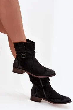 Sale Evento Botki Damskie Na Niskim Obcasie Z Marszczeniem Ocieplane Czarne Gracia Czarny