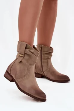 Botki Damskie Na Niskim Obcasie Z Marszczeniem Ocieplane Khaki Gracia Damskie Botki Ocieplane|Botki Na Obcasie