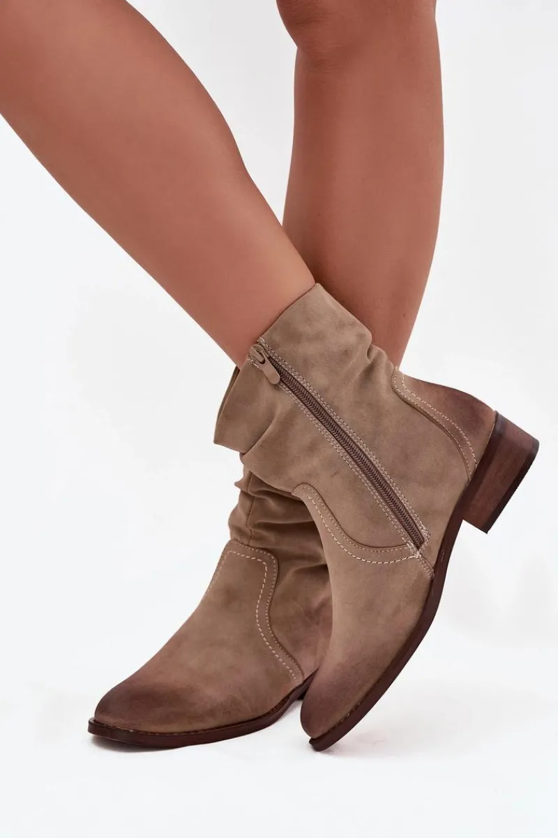 Botki Damskie Na Niskim Obcasie Z Marszczeniem Ocieplane Khaki Gracia Damskie Botki Ocieplane|Botki Na Obcasie