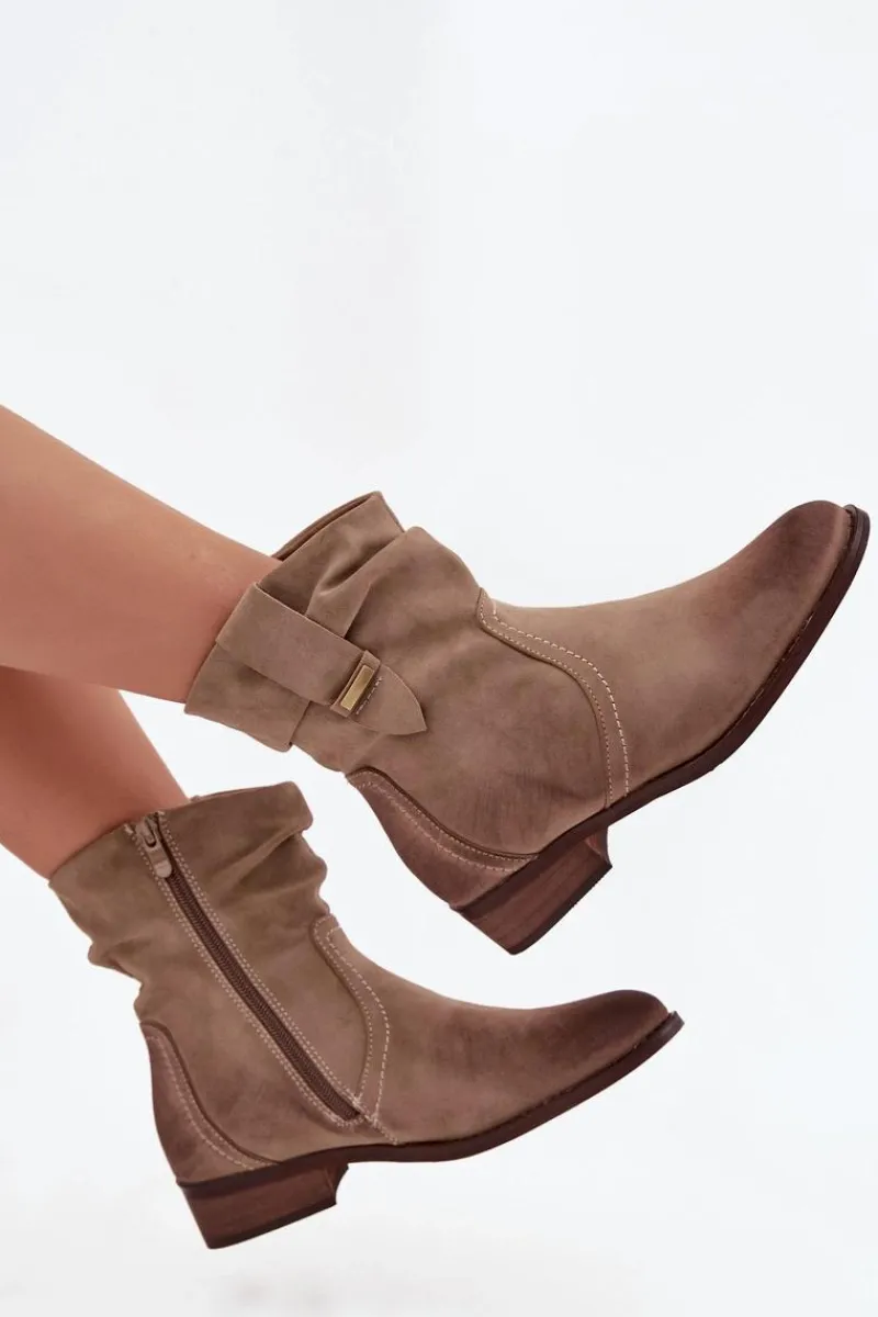 Botki Damskie Na Niskim Obcasie Z Marszczeniem Ocieplane Khaki Gracia Damskie Botki Ocieplane|Botki Na Obcasie