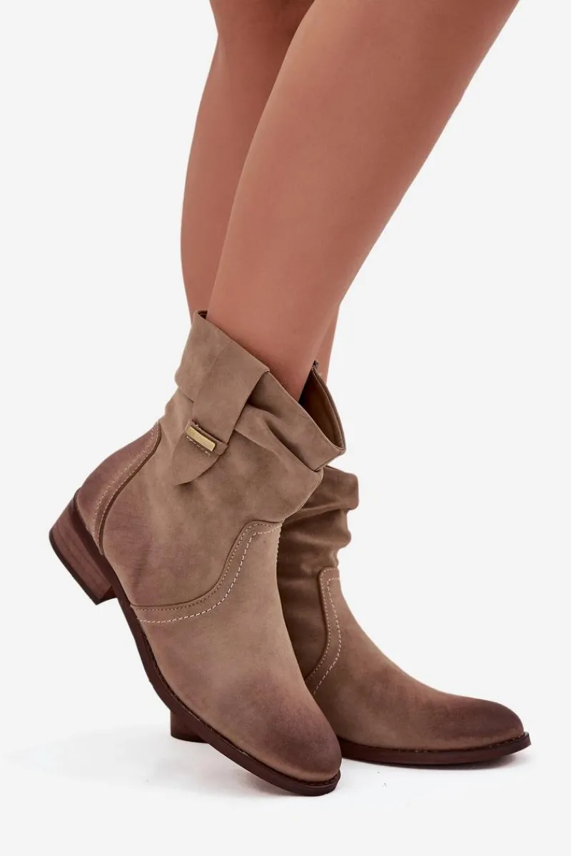 Botki Damskie Na Niskim Obcasie Z Marszczeniem Ocieplane Khaki Gracia Damskie Botki Ocieplane|Botki Na Obcasie