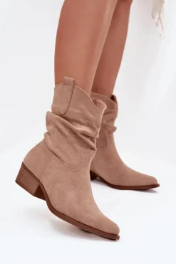 Discount Boto Botki Damskie Na Niskim Obcasie Z Marszczeniem Beżowe Adena