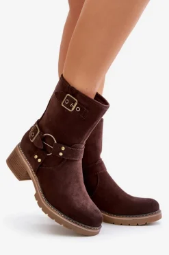 New Boto Botki Damskie Na Niskim Obcasie Z Klamrami Brązowe Zudra Brązowy