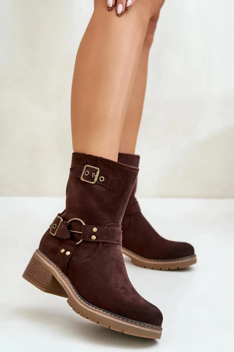 New Boto Botki Damskie Na Niskim Obcasie Z Klamrami Brązowe Zudra Brązowy