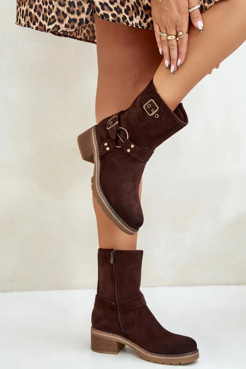 New Boto Botki Damskie Na Niskim Obcasie Z Klamrami Brązowe Zudra Brązowy