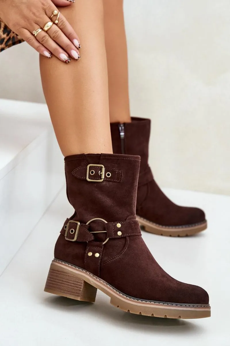 New Boto Botki Damskie Na Niskim Obcasie Z Klamrami Brązowe Zudra Brązowy