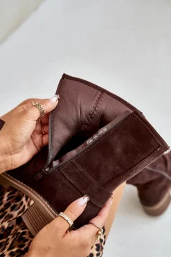 New Boto Botki Damskie Na Niskim Obcasie Z Klamrami Brązowe Zudra Brązowy