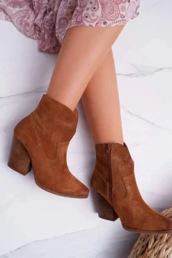 Best Boto Botki Damskie Na Obcasie Skóra Zamsz Koniak Nicole 2433