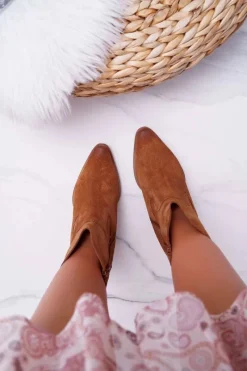 Best Boto Botki Damskie Na Obcasie Skóra Zamsz Koniak Nicole 2433