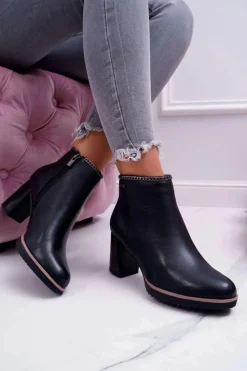 New Botki Damskie Na Obcasie Skóra Big Star Czarne BB274618 Damskie Botki Na Słupku|Botki Zimowe Damskie