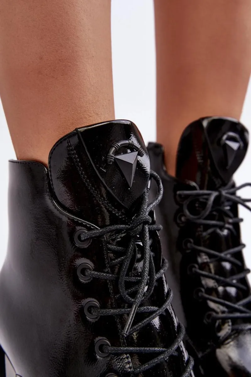 Botki Na Słupku|Czarne Botki>Damskie buty S.Barski Botki Damskie Na Obcasie Sznurowane D&A CR8163 Czarne