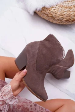 New Botki Damskie Na Obcasie Skóra Zamsz Cappuccino Nicole 2433 Damskie Botki Na Słupku|Brązowe I Beżowe Botki