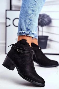 Outlet Botki Damskie Na Obcasie Ocieplane Czarne Fevim Damskie Botki Na Słupku|Czarne Botki