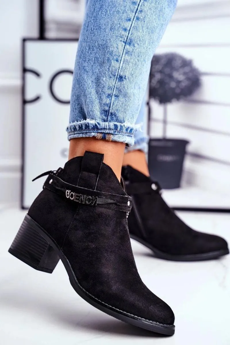 Outlet Botki Damskie Na Obcasie Ocieplane Czarne Fevim Damskie Botki Na Słupku|Czarne Botki