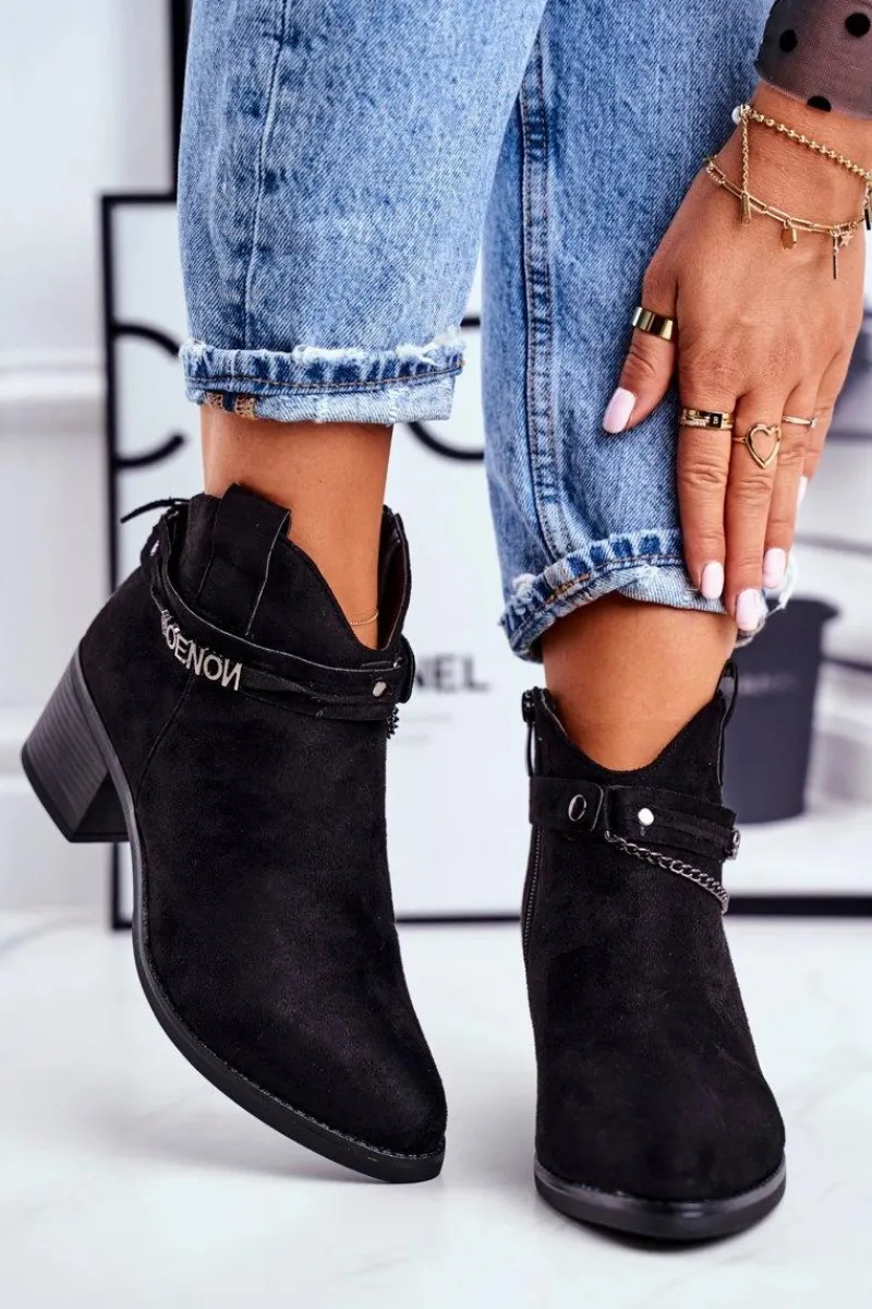 Outlet Botki Damskie Na Obcasie Ocieplane Czarne Fevim Damskie Botki Na Słupku|Czarne Botki