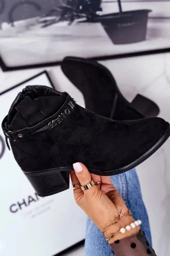 Outlet Botki Damskie Na Obcasie Ocieplane Czarne Fevim Damskie Botki Na Słupku|Czarne Botki