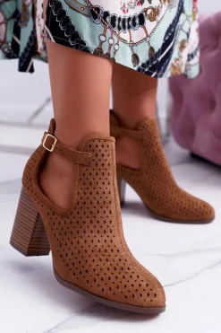 Online Botki Damskie Na Obcasie Wiosenne Ażurowe Camel GoodDay Damskie Botki Wiosenne|Botki Na Słupku