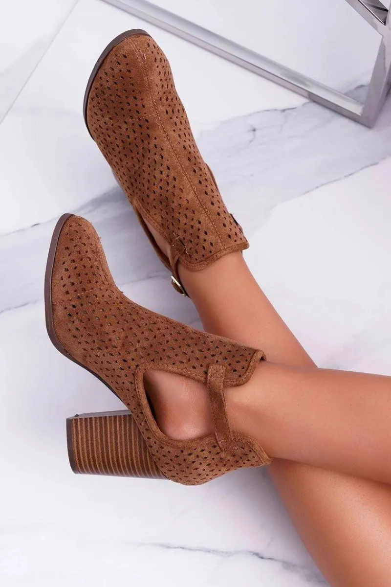 Online Botki Damskie Na Obcasie Wiosenne Ażurowe Camel GoodDay Damskie Botki Wiosenne|Botki Na Słupku