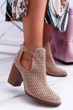 Clearance Botki Damskie Na Obcasie Wiosenne Ażurowe Beżowe GoodDay Damskie Botki Wiosenne|Botki Na Słupku