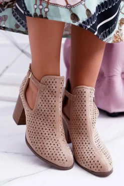 Clearance Botki Damskie Na Obcasie Wiosenne Ażurowe Beżowe GoodDay Damskie Botki Wiosenne|Botki Na Słupku