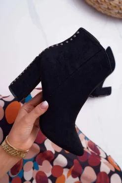 Sale Botki Damskie Na Obcasie Z Nitami W Szpic RB23P Czarne Snack Damskie Botki Na Słupku|Botki Zimowe Damskie