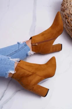 Sale Boto Botki Damskie Na Obcasie Z Nitami W Szpic RB23P Camel Snack