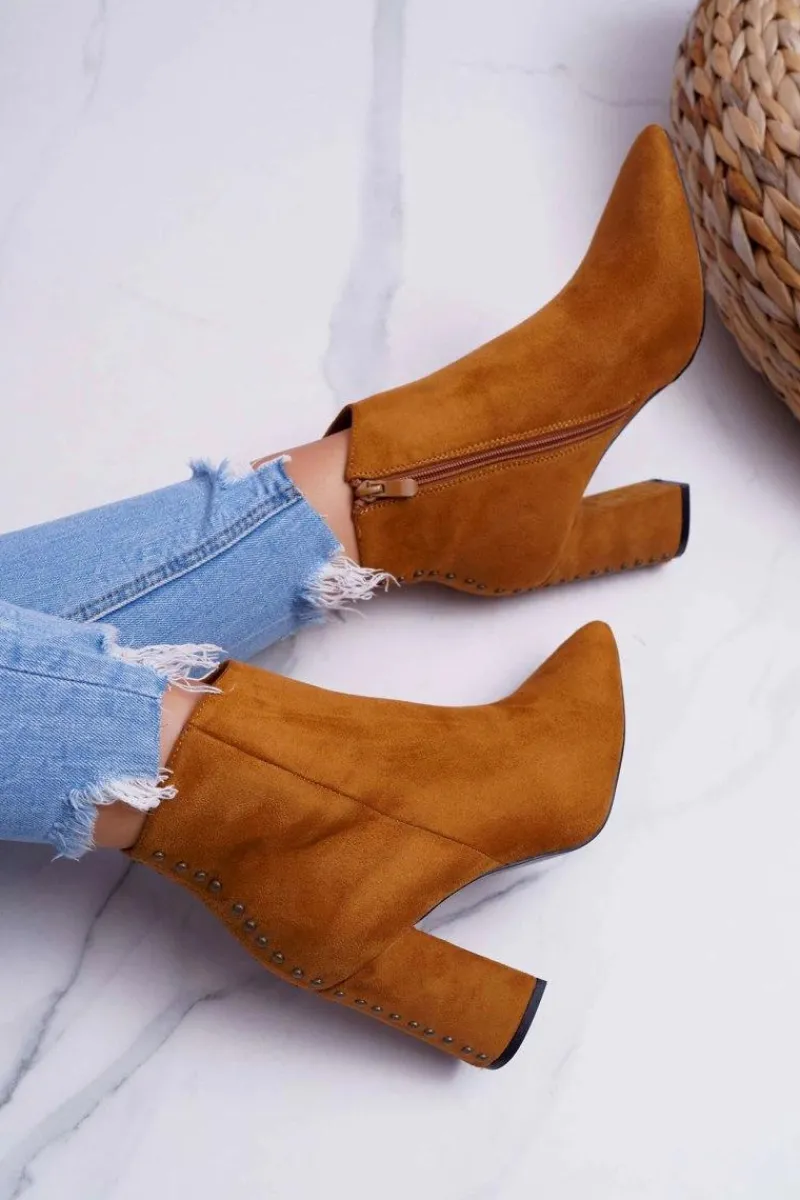 Sale Boto Botki Damskie Na Obcasie Z Nitami W Szpic RB23P Camel Snack