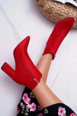 Discount Botki Damskie Na Obcasie Z Nitami W Szpic Czerwone Snack Damskie Botki Na Słupku|Botki Zimowe Damskie