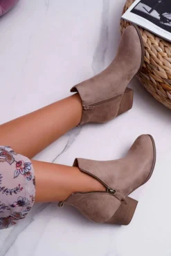 New Botki Damskie Na Obcasie Suwak Zamszowe Beżowe Farre Damskie Botki Na Słupku|Botki Na Obcasie