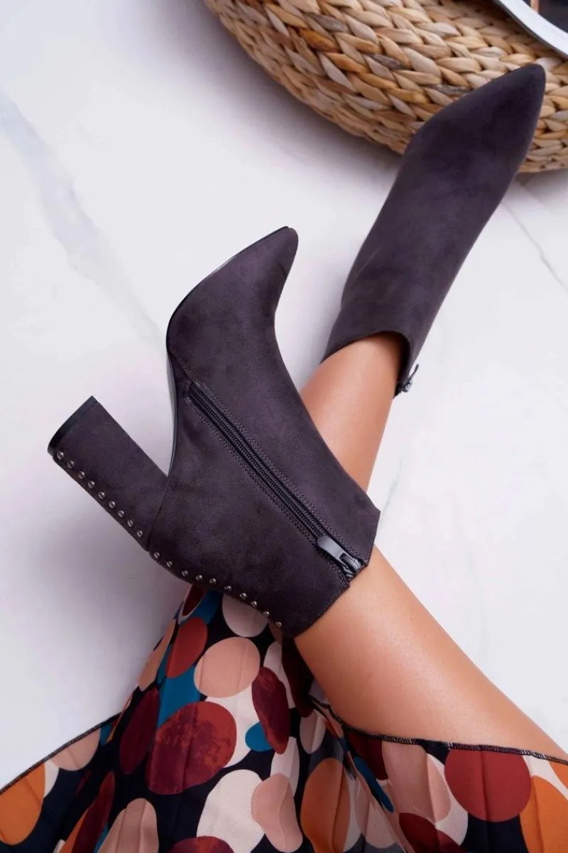 Outlet Boto Botki Damskie Na Obcasie Z Nitami W Szpic Szare Snack