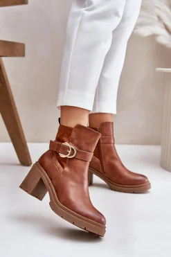 Discount Boto Botki Damskie Na Obcasie Słupku Ocieplane Na Zamek Camel Inabelle