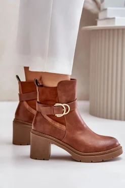 Discount Boto Botki Damskie Na Obcasie Słupku Ocieplane Na Zamek Camel Inabelle