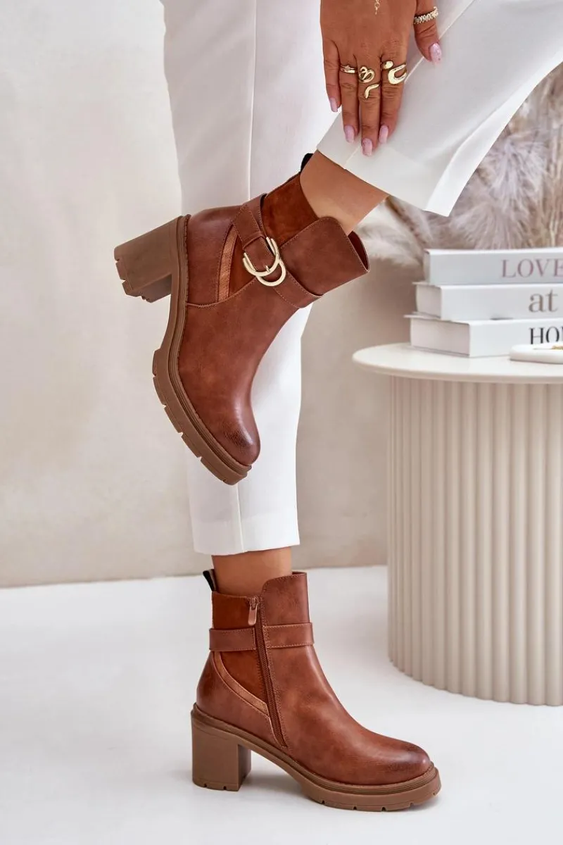 Discount Boto Botki Damskie Na Obcasie Słupku Ocieplane Na Zamek Camel Inabelle