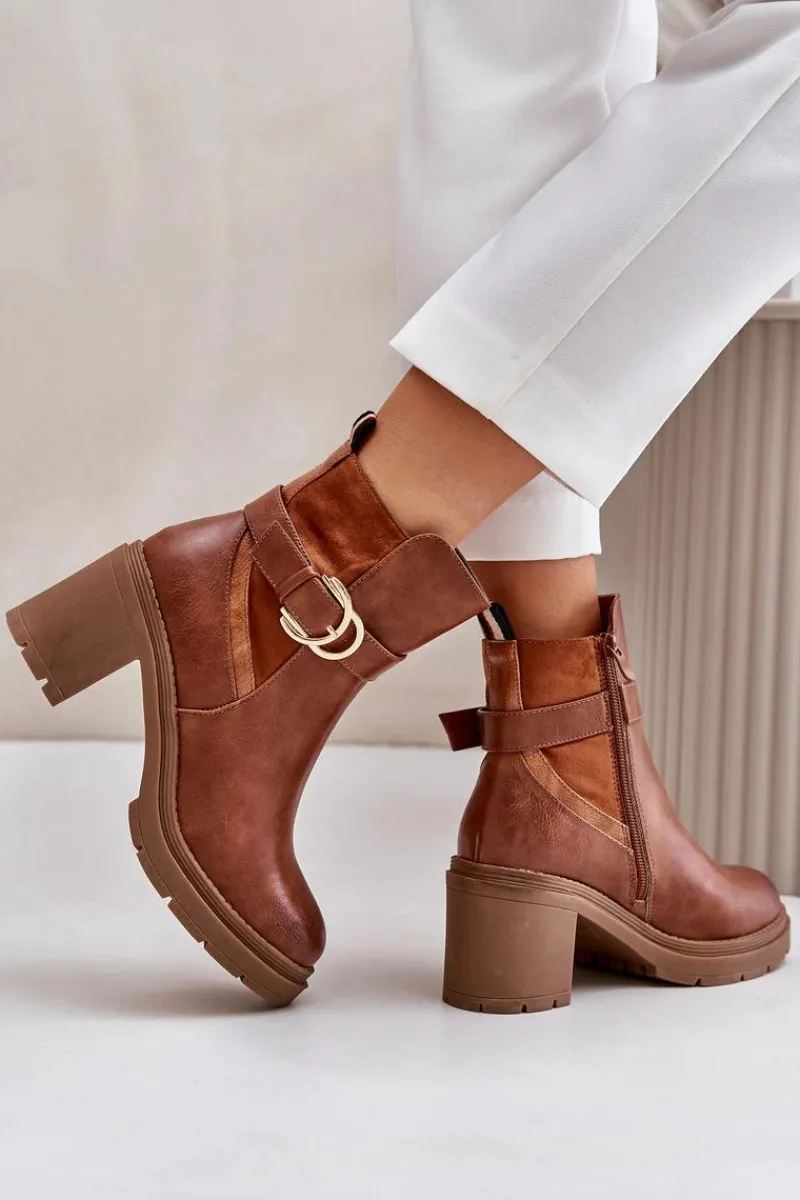 Discount Boto Botki Damskie Na Obcasie Słupku Ocieplane Na Zamek Camel Inabelle