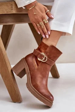 Discount Boto Botki Damskie Na Obcasie Słupku Ocieplane Na Zamek Camel Inabelle