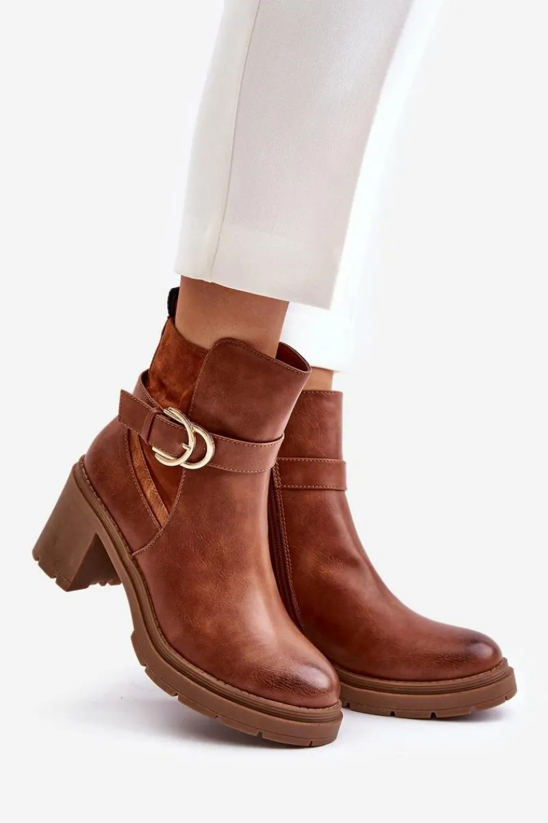 Discount Boto Botki Damskie Na Obcasie Słupku Ocieplane Na Zamek Camel Inabelle