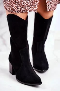 Hot Botki Damskie Na Obcasie Skóra Nubuk Czarne Nicole 2580 Damskie Botki Na Słupku|Czarne Botki