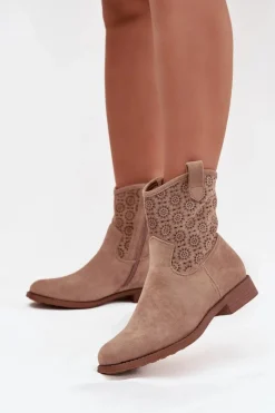 Botki Ażurowe|Botki Płaskie>Damskie buty S.Barski Botki Damskie Na Płaskim Obcasie Z Ażurowym Wzorem S.Barski HY52-530 Beżowe Beżowy