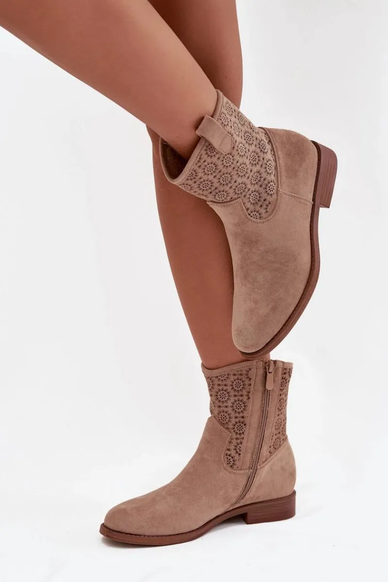 Botki Ażurowe|Botki Płaskie>Damskie buty S.Barski Botki Damskie Na Płaskim Obcasie Z Ażurowym Wzorem S.Barski HY52-530 Beżowe Beżowy