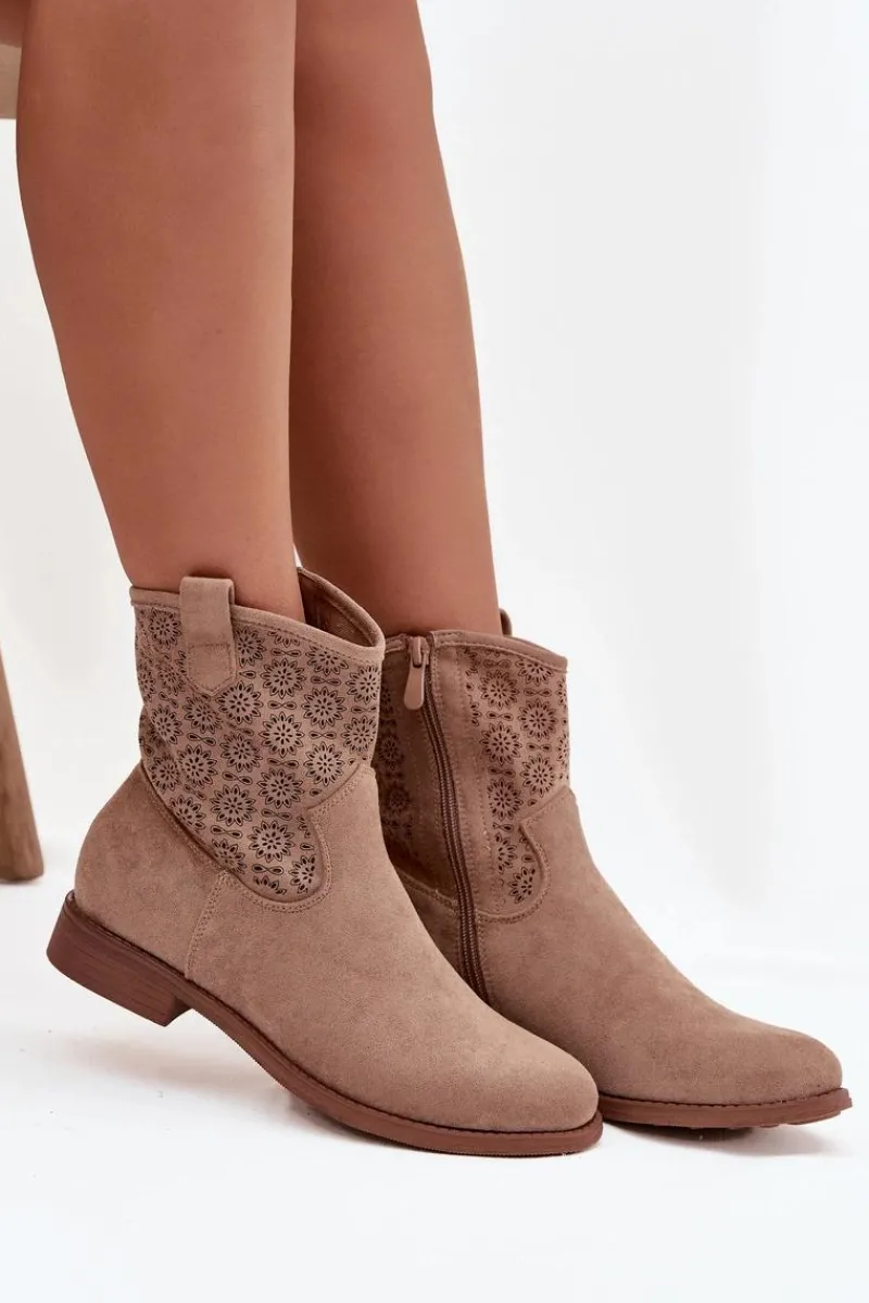 Botki Ażurowe|Botki Płaskie>Damskie buty S.Barski Botki Damskie Na Płaskim Obcasie Z Ażurowym Wzorem S.Barski HY52-530 Beżowe Beżowy