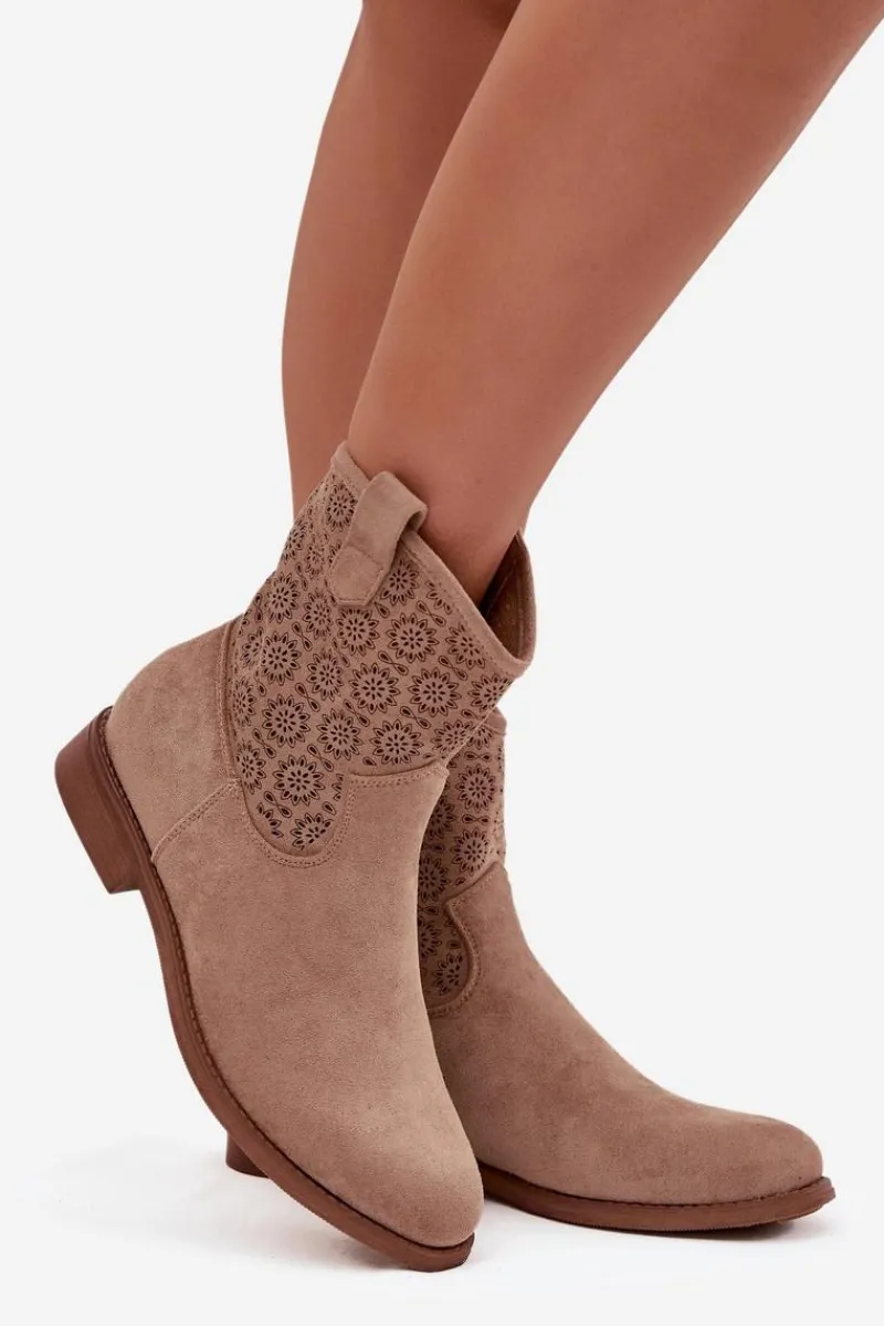 Botki Ażurowe|Botki Płaskie>Damskie buty S.Barski Botki Damskie Na Płaskim Obcasie Z Ażurowym Wzorem S.Barski HY52-530 Beżowe Beżowy