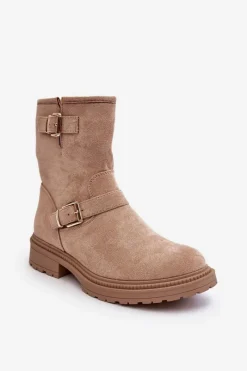 Clearance Botki Damskie Na Płaskim Obcasie Z Klamrami Beżowe Bliggore Damskie Brązowe I Beżowe Botki|Botki Płaskie