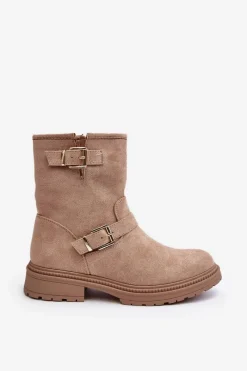 Clearance Botki Damskie Na Płaskim Obcasie Z Klamrami Beżowe Bliggore Damskie Brązowe I Beżowe Botki|Botki Płaskie
