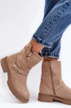 Clearance Botki Damskie Na Płaskim Obcasie Z Klamrami Beżowe Bliggore Damskie Brązowe I Beżowe Botki|Botki Płaskie