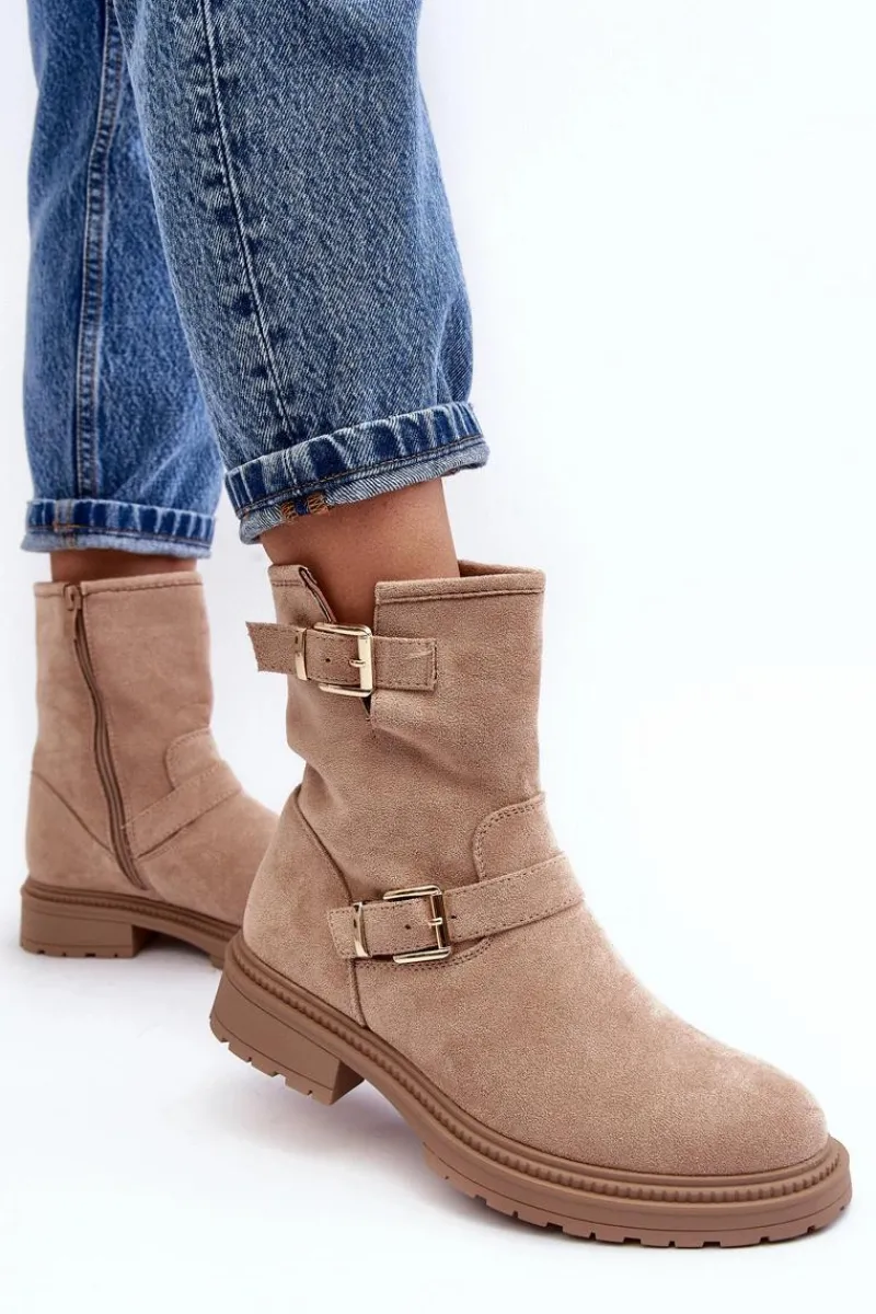 Clearance Botki Damskie Na Płaskim Obcasie Z Klamrami Beżowe Bliggore Damskie Brązowe I Beżowe Botki|Botki Płaskie