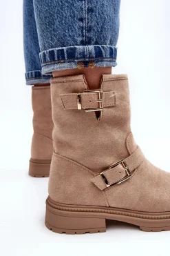 Clearance Botki Damskie Na Płaskim Obcasie Z Klamrami Beżowe Bliggore Damskie Brązowe I Beżowe Botki|Botki Płaskie