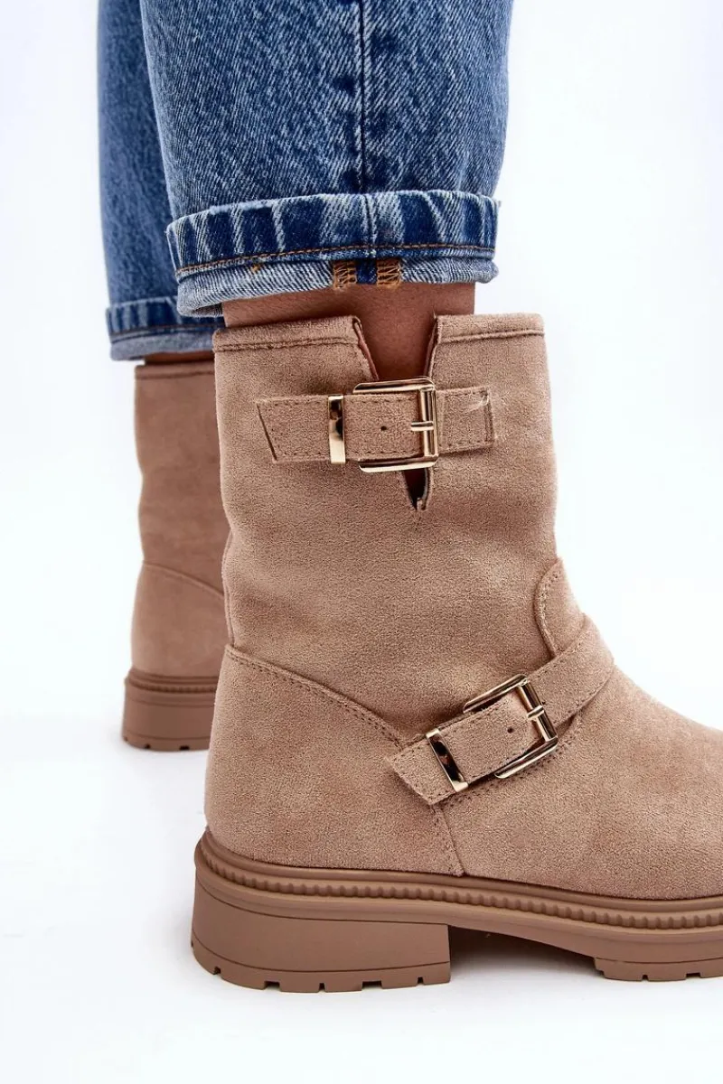 Clearance Botki Damskie Na Płaskim Obcasie Z Klamrami Beżowe Bliggore Damskie Brązowe I Beżowe Botki|Botki Płaskie